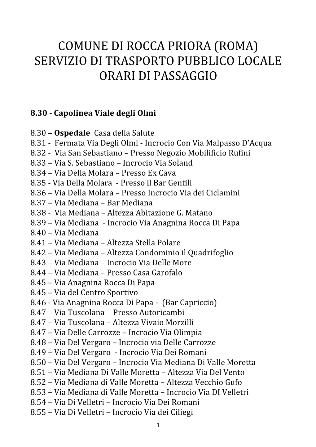 Comune Di Rocca Priora (Roma) Servizio Di Trasporto Pubblico Locale Orari Di Passaggio