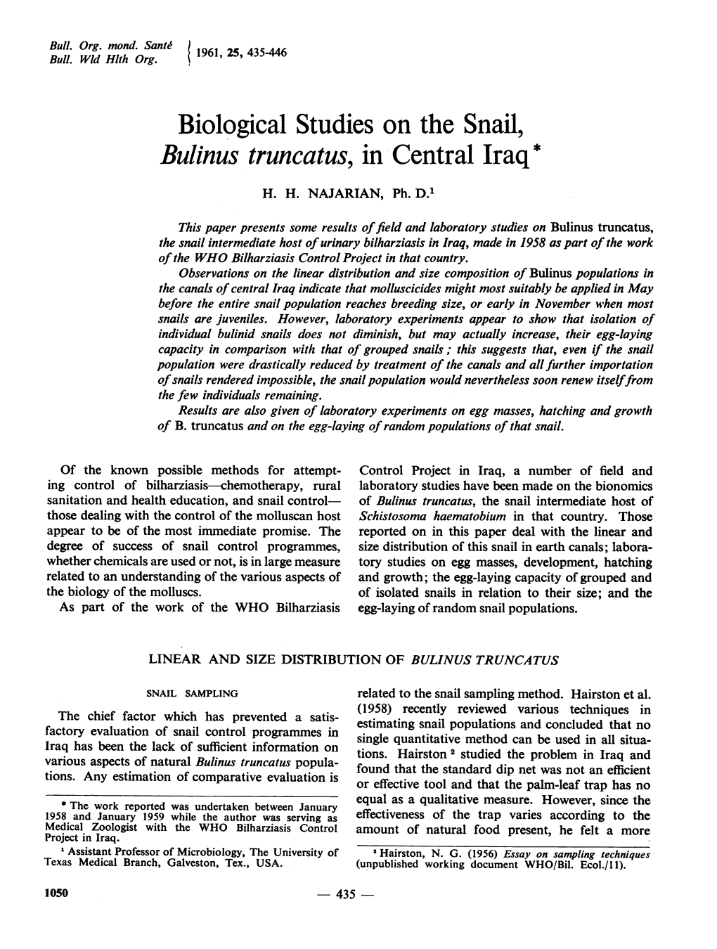 Biological Studies on the Snail, Bulinus Truncatus, in Central Iraq* H