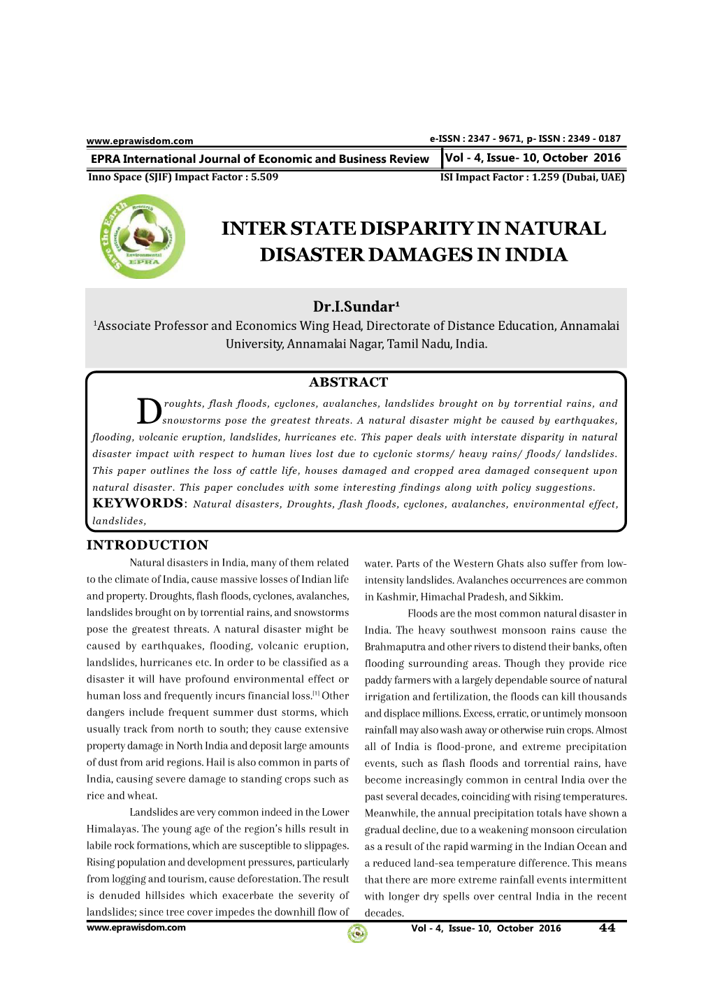 Inter State Disparity in Natural Disaster Damages in India