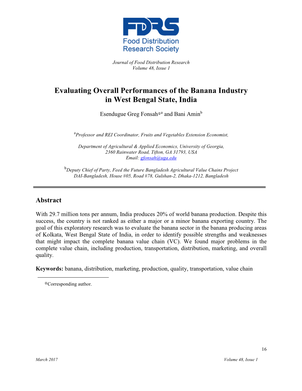 Evaluating Overall Performances of the Banana Industry in West Bengal State, India