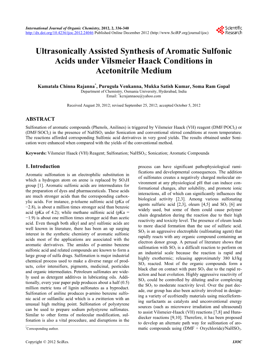 Ultrasonically Assisted Synthesis of Aromatic Sulfonic Acids Under Vilsmeier Haack Conditions in Acetonitrile Medium