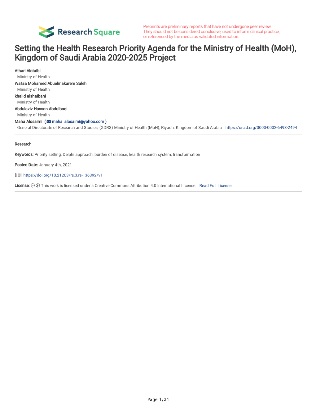Setting the Health Research Priority Agenda for the Ministry of Health (Moh), Kingdom of Saudi Arabia 2020-2025 Project
