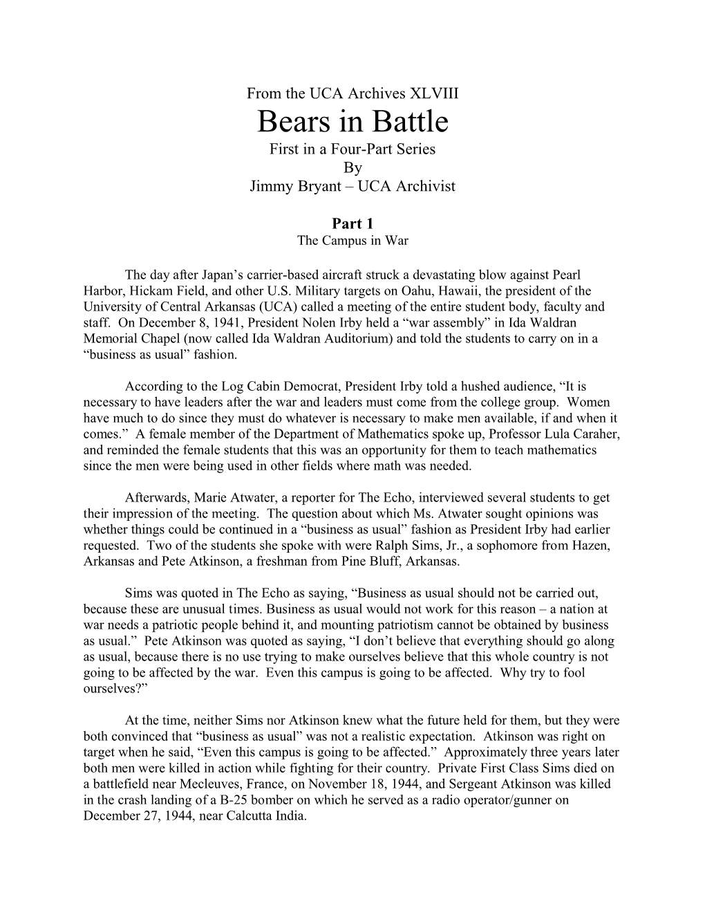 From the UCA Archives XLVIII Bears in Battle First in a Four-Part Series by Jimmy Bryant – UCA Archivist