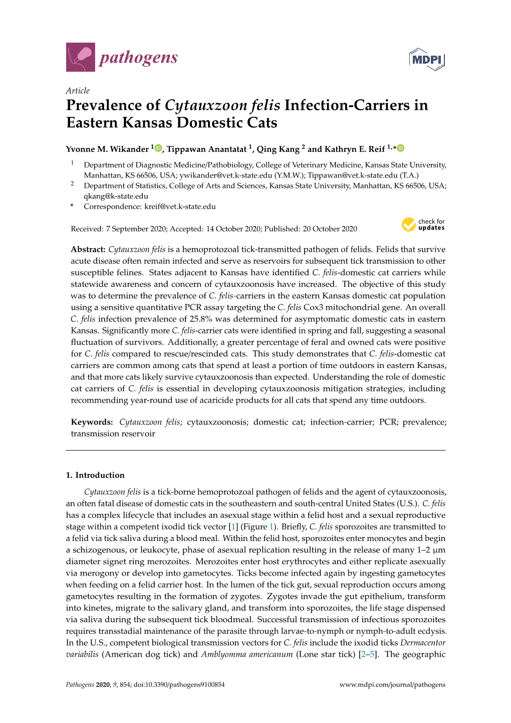 Prevalence of Cytauxzoon Felis Infection-Carriers in Eastern Kansas Domestic Cats