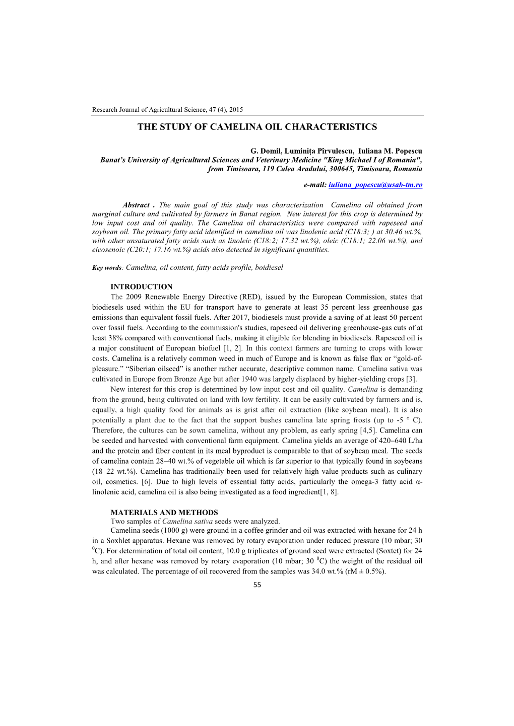 The Study of Camelina Oil Characteristics