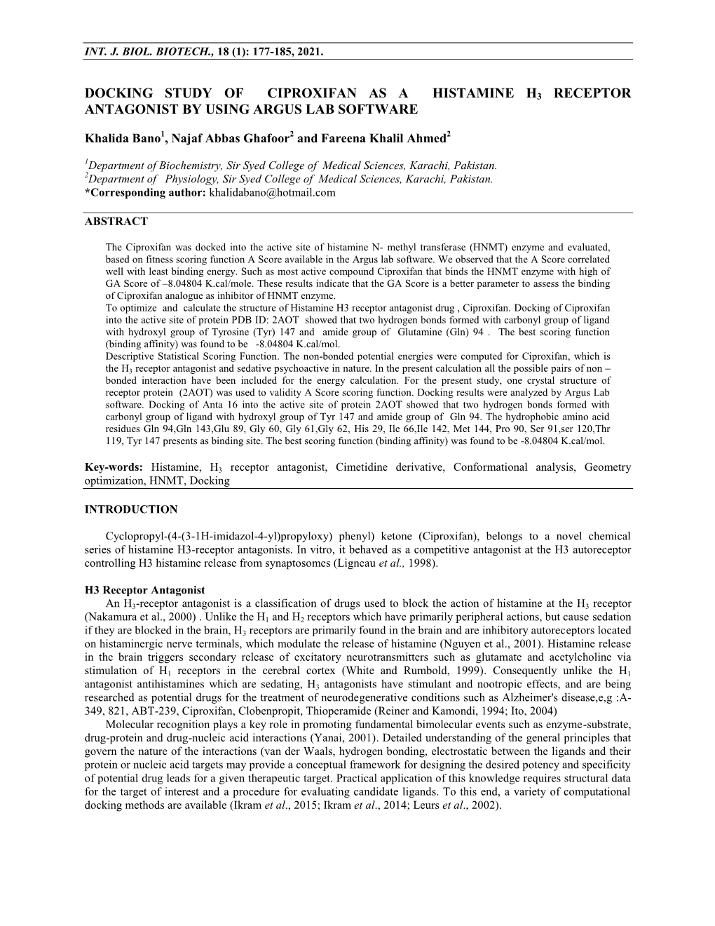 Docking Study of Ciproxifan As a Histamine H3 Receptor Antagonist by Using Argus Lab Software