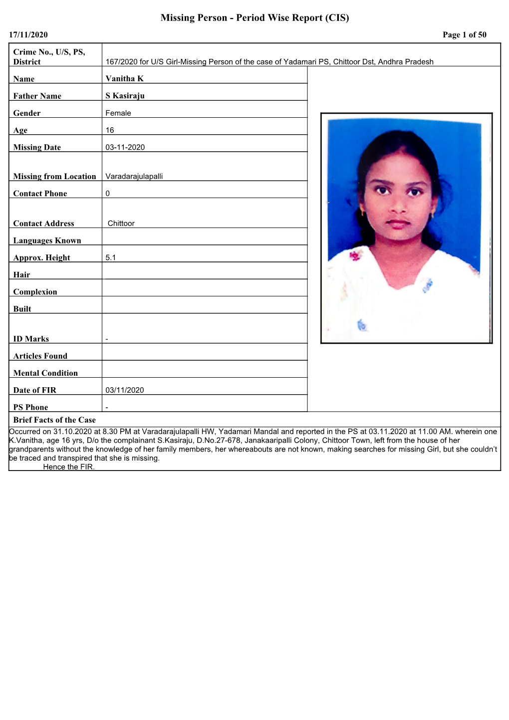 Missing Person - Period Wise Report (CIS) 17/11/2020 Page 1 of 50