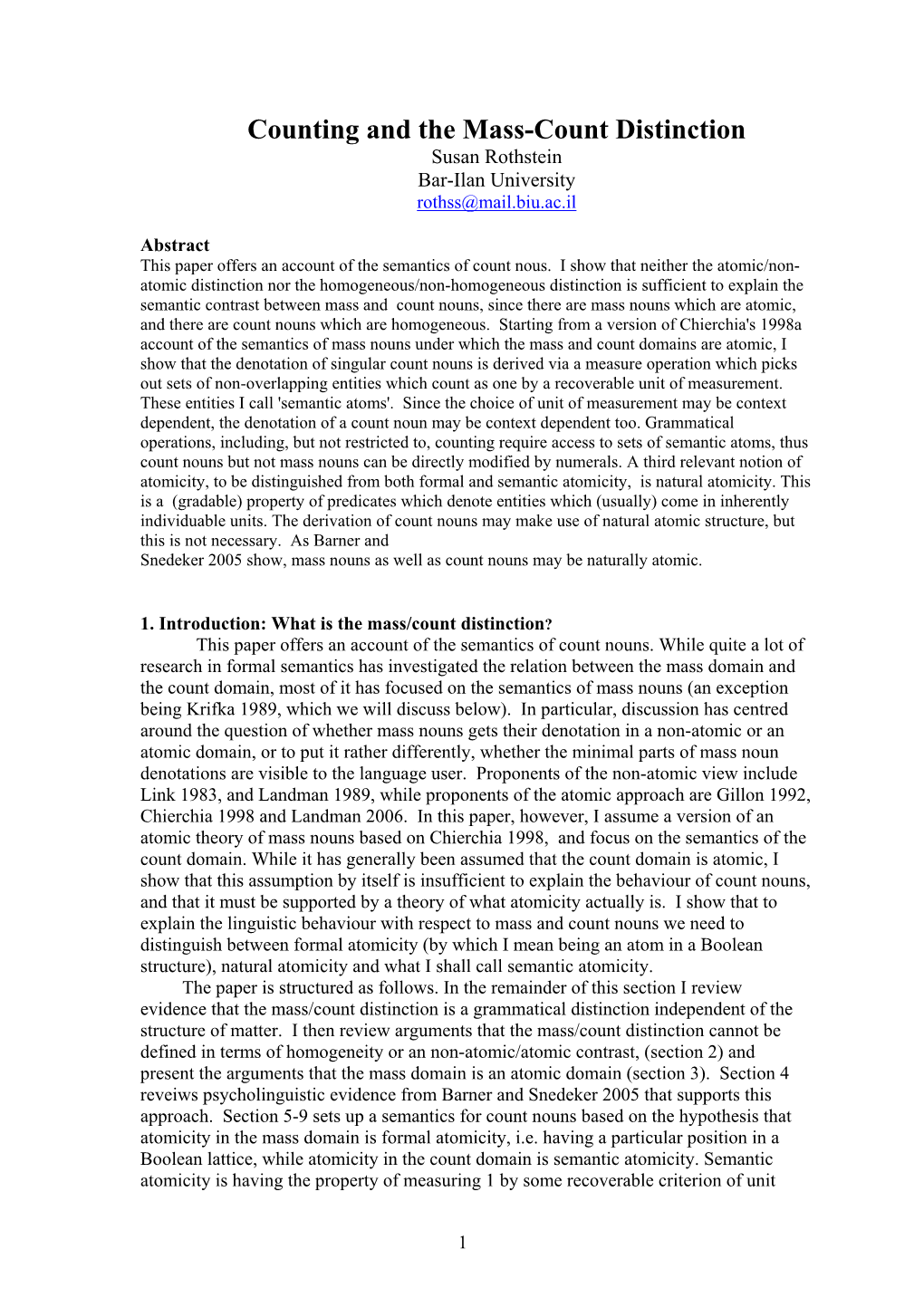 Counting and the Mass-Count Distinction Susan Rothstein Bar-Ilan University Rothss@Mail.Biu.Ac.Il