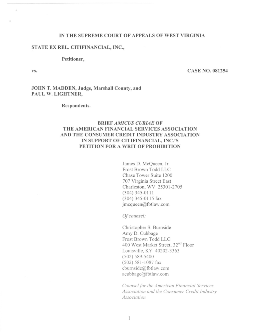 Amicus Brief in State Ex Rel. Citifinancial, Inc. V. John T. Madden