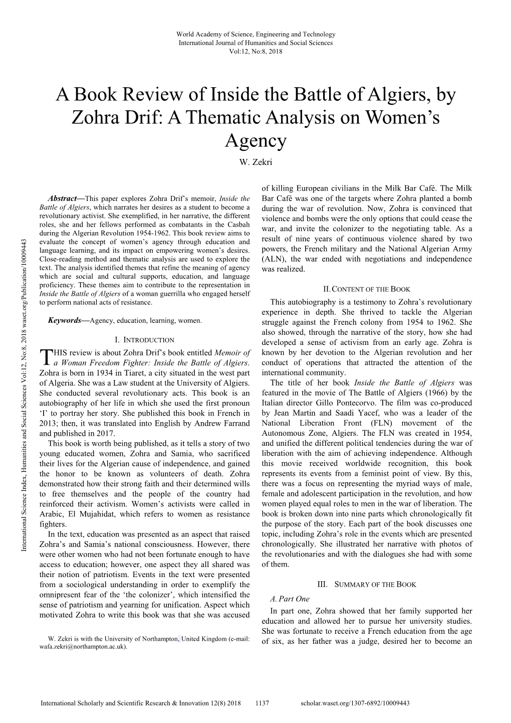 A Book Review of Inside the Battle of Algiers, by Zohra Drif: a Thematic Analysis on Women’S Agency W