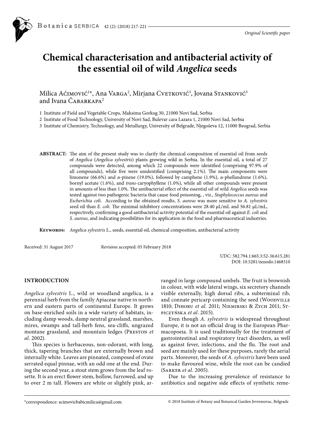 Chemical Characterisation and Antibacterial Activity of the Essential Oil of Wild Angelica Seeds