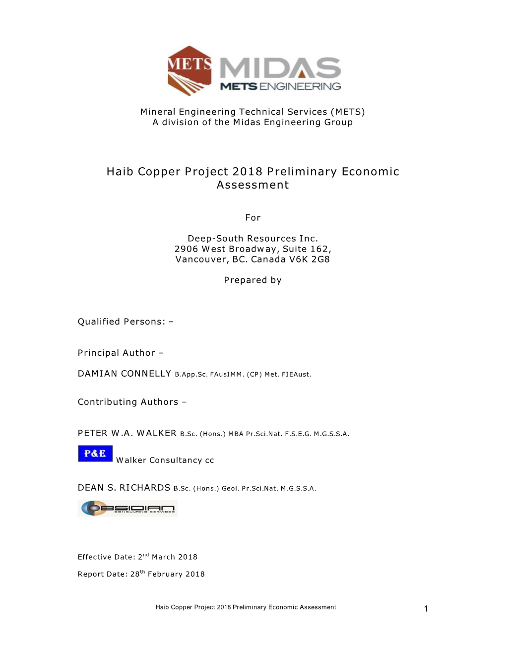 Haib Copper Project 2018 Preliminary Economic Assessment