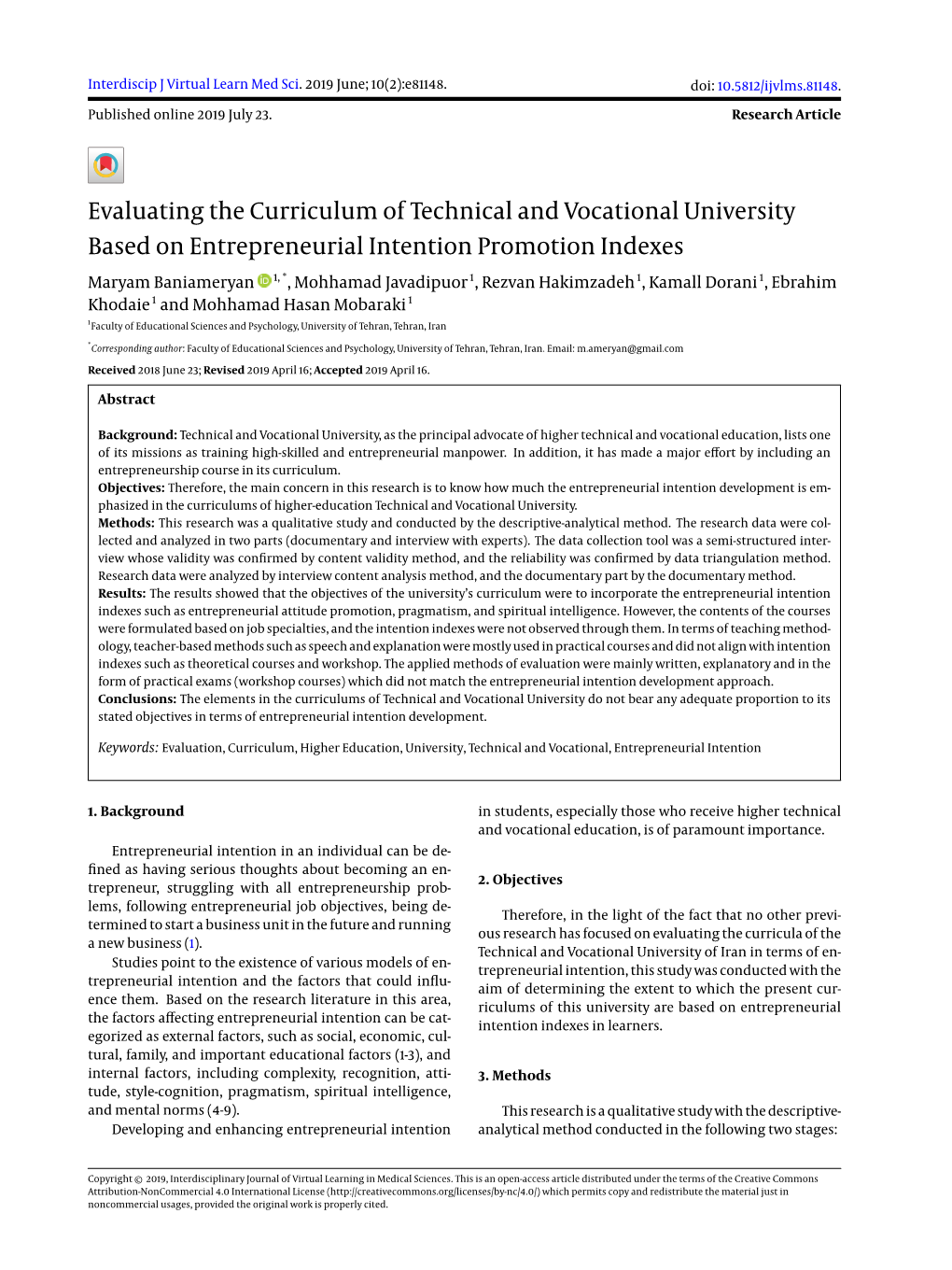 Evaluating the Curriculum of Technical and Vocational University Based on Entrepreneurial Intention Promotion Indexes