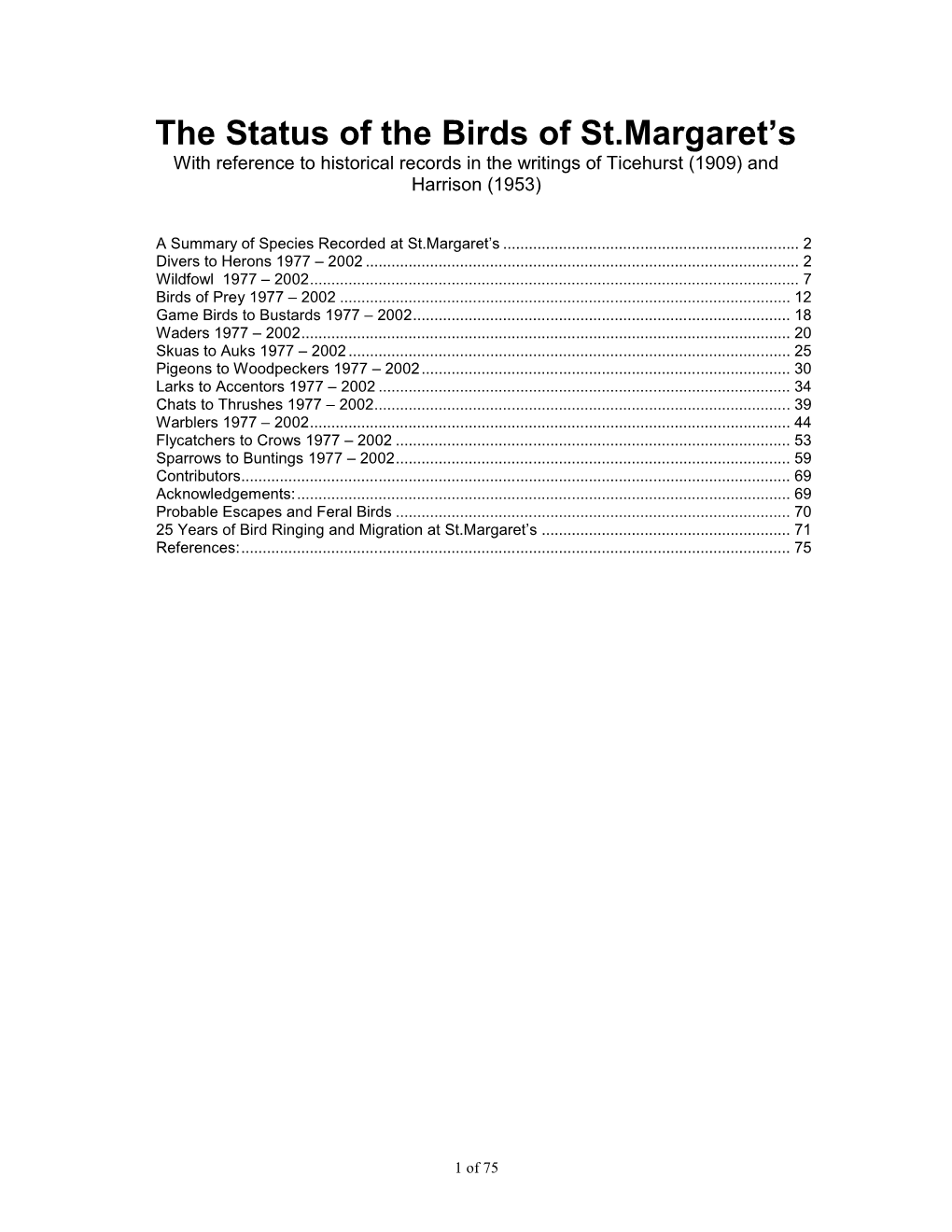 The Status of the Birds of St.Margaret's