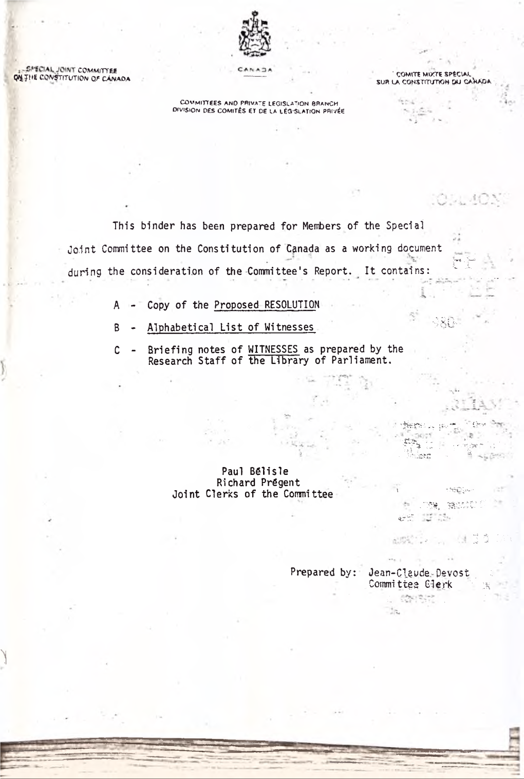 Briefing Notes of WITNESSES As Prepared by the Research Staff of the Library of Parliament