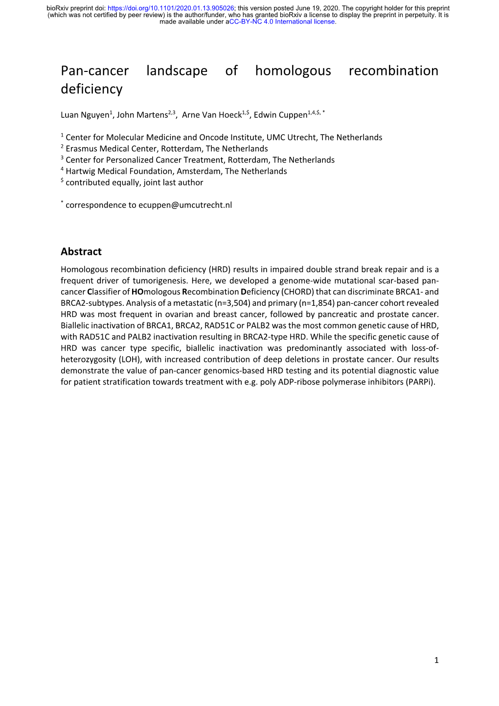 Pan-Cancer Landscape of Homologous Recombination Deficiency