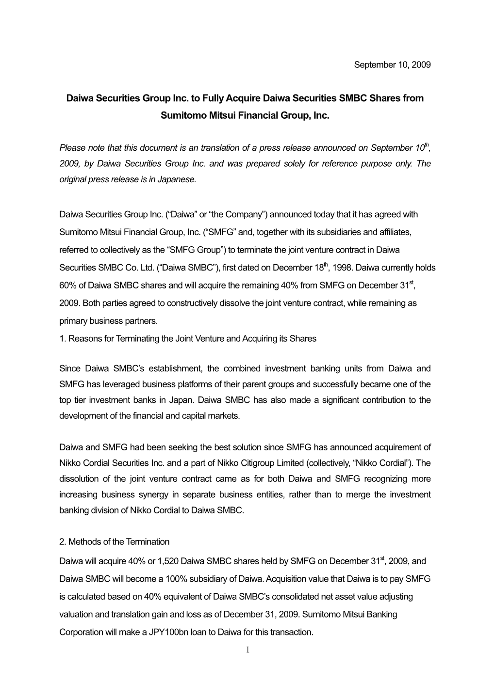 Daiwa Securities Group Inc. to Fully Acquire Daiwa Securities SMBC Shares from Sumitomo Mitsui Financial Group, Inc