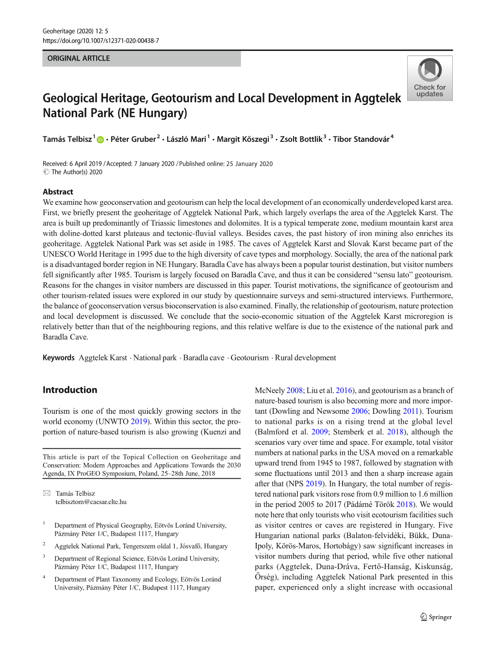 Geological Heritage, Geotourism and Local Development in Aggtelek National Park (NE Hungary)