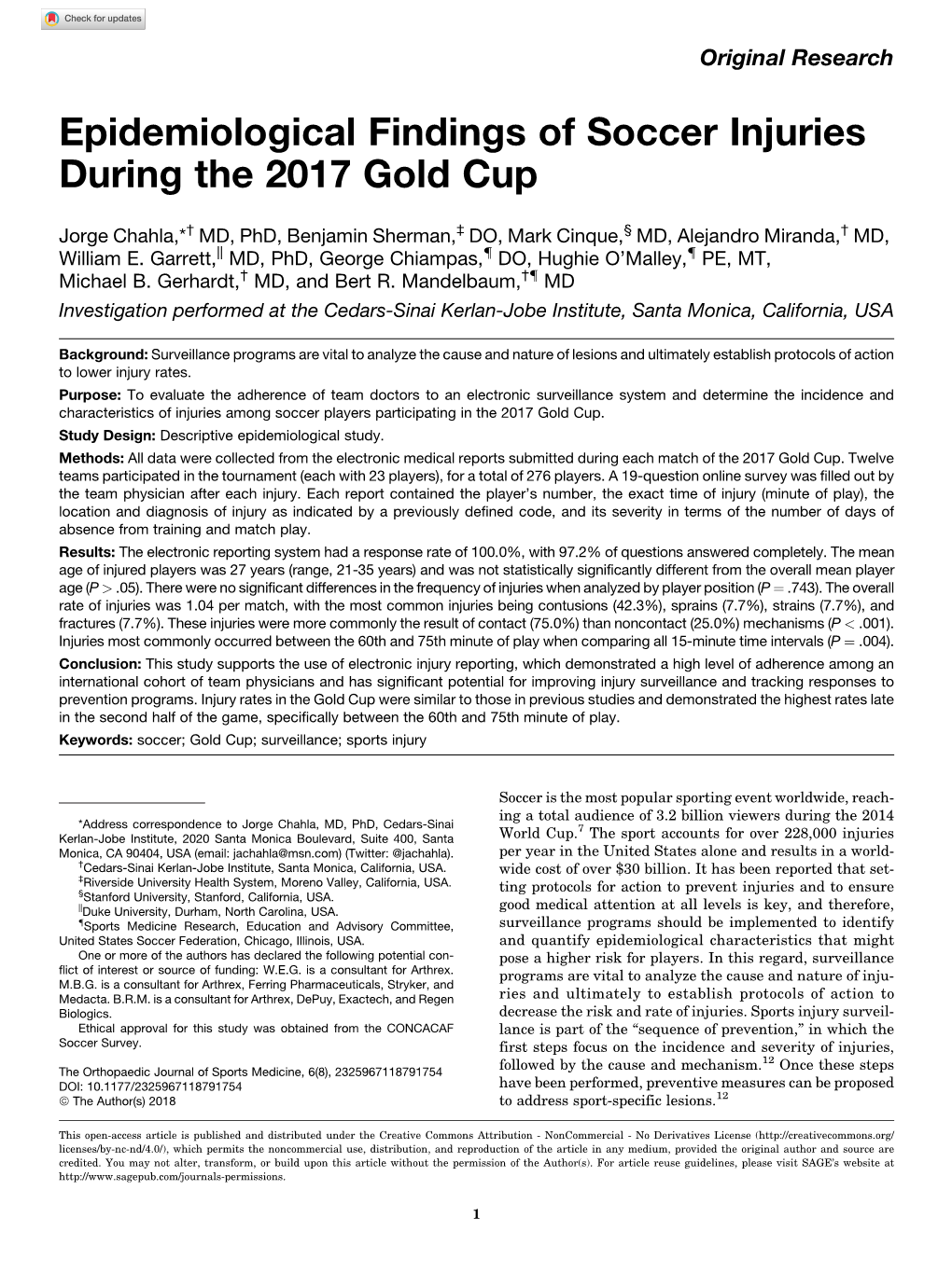 Epidemiological Findings of Soccer Injuries During the 2017 Gold Cup