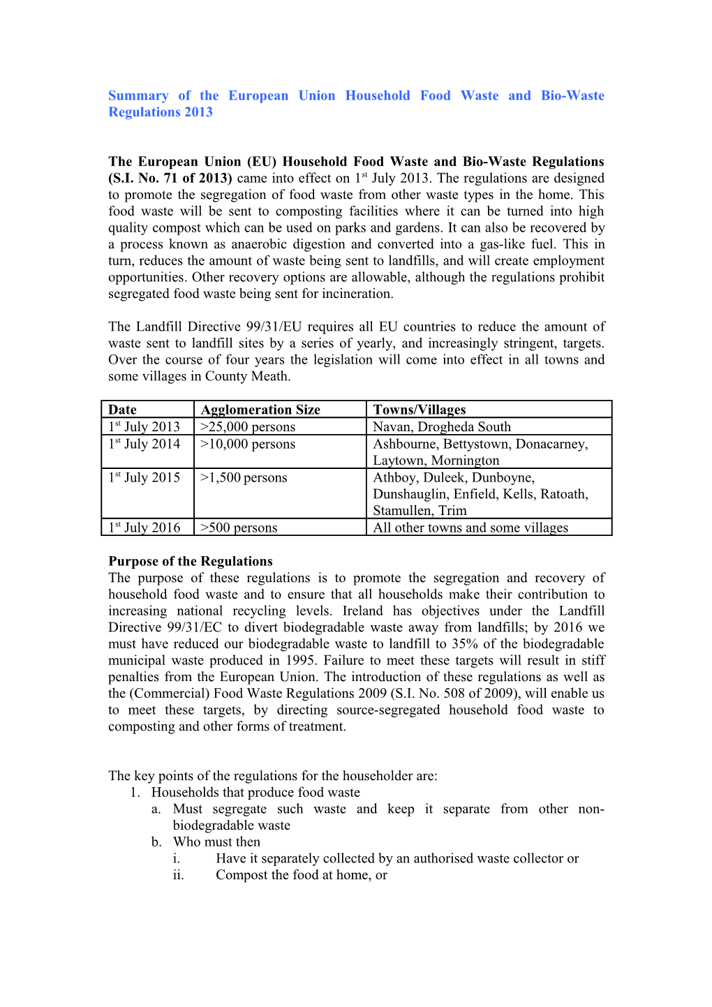 Summary of the European Union Household Food Waste and Bio-Waste Regulations 2013
