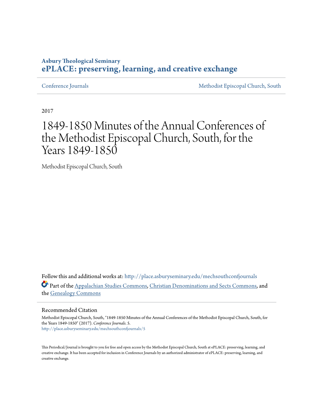 1849-1850 Minutes of the Annual Conferences of the Methodist Episcopal Church, South, for the Years 1849-1850 Methodist Episcopal Church, South