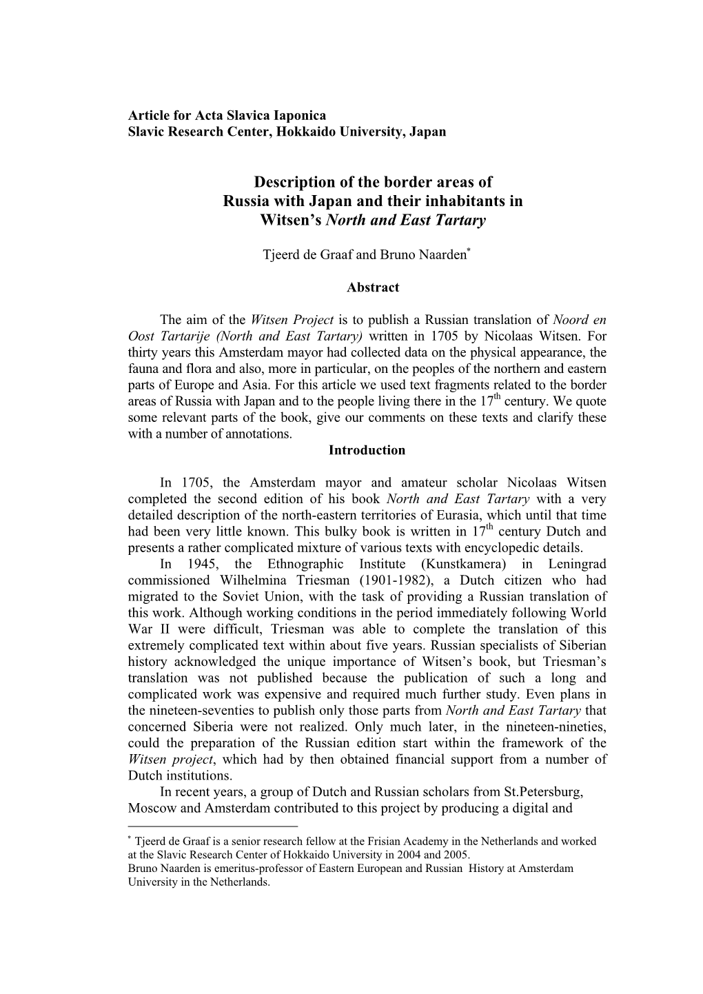 Description of the Border Areas of Russia with Japan and Their Inhabitants in Witsen's North and East Tartary