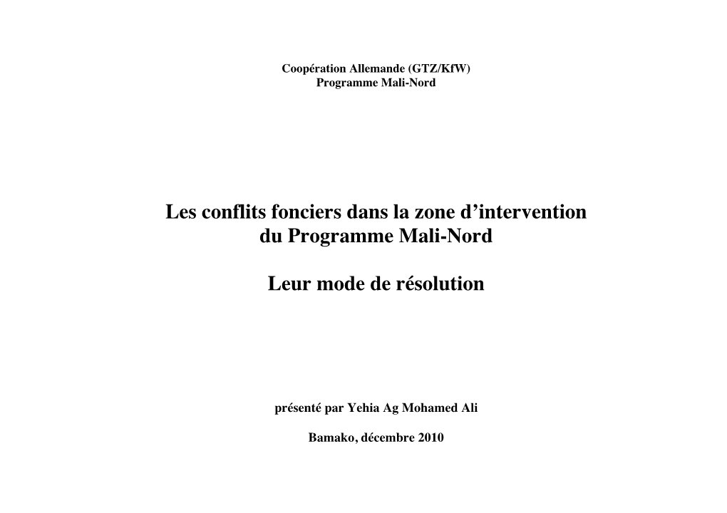 Les Conflits Fonciers Dans La Zone D'intervention Du Programme Mali