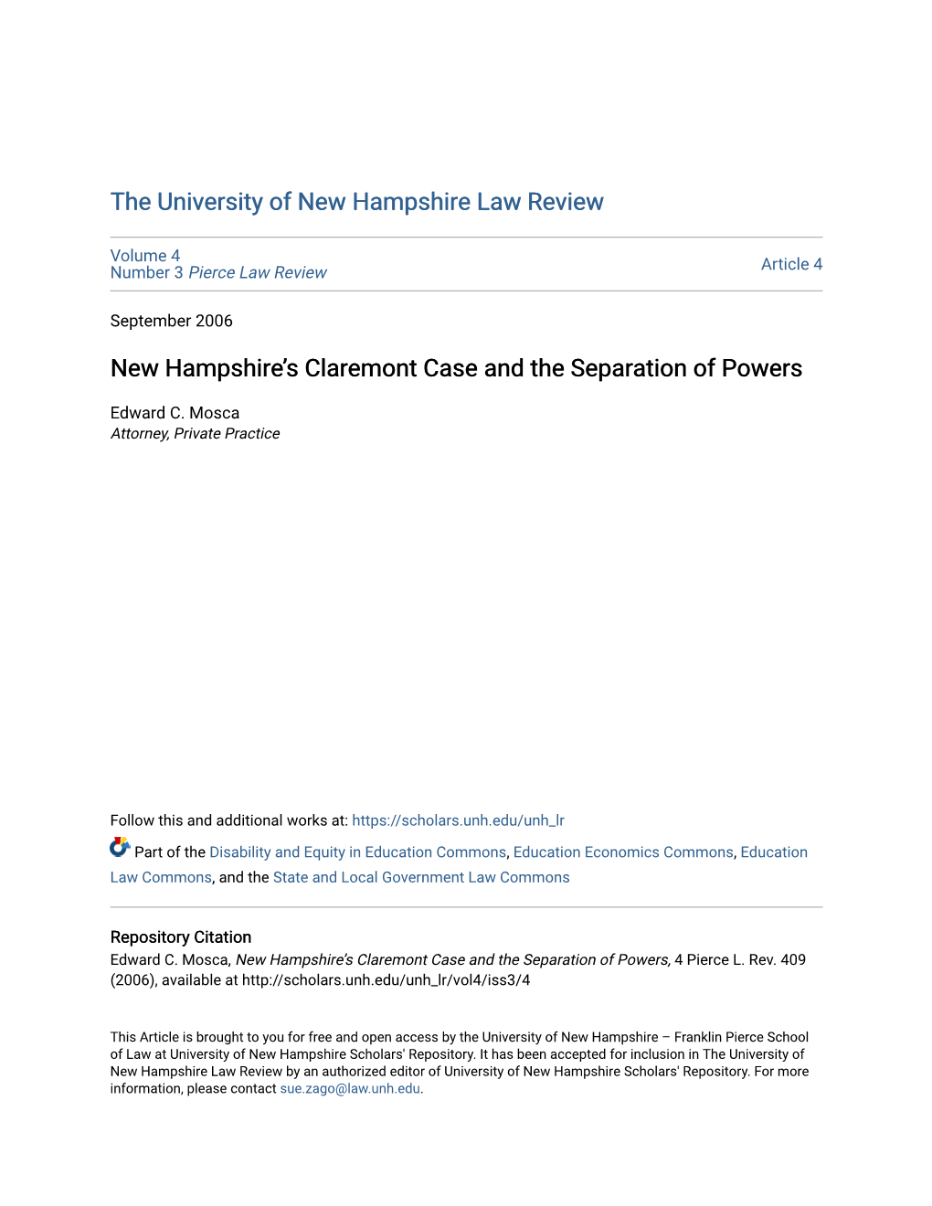New Hampshire's Claremont Case and the Separation of Powers