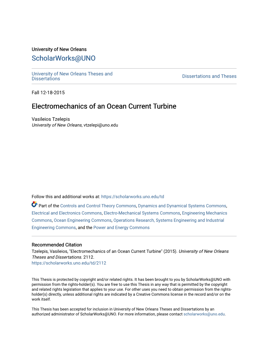 Electromechanics of an Ocean Current Turbine