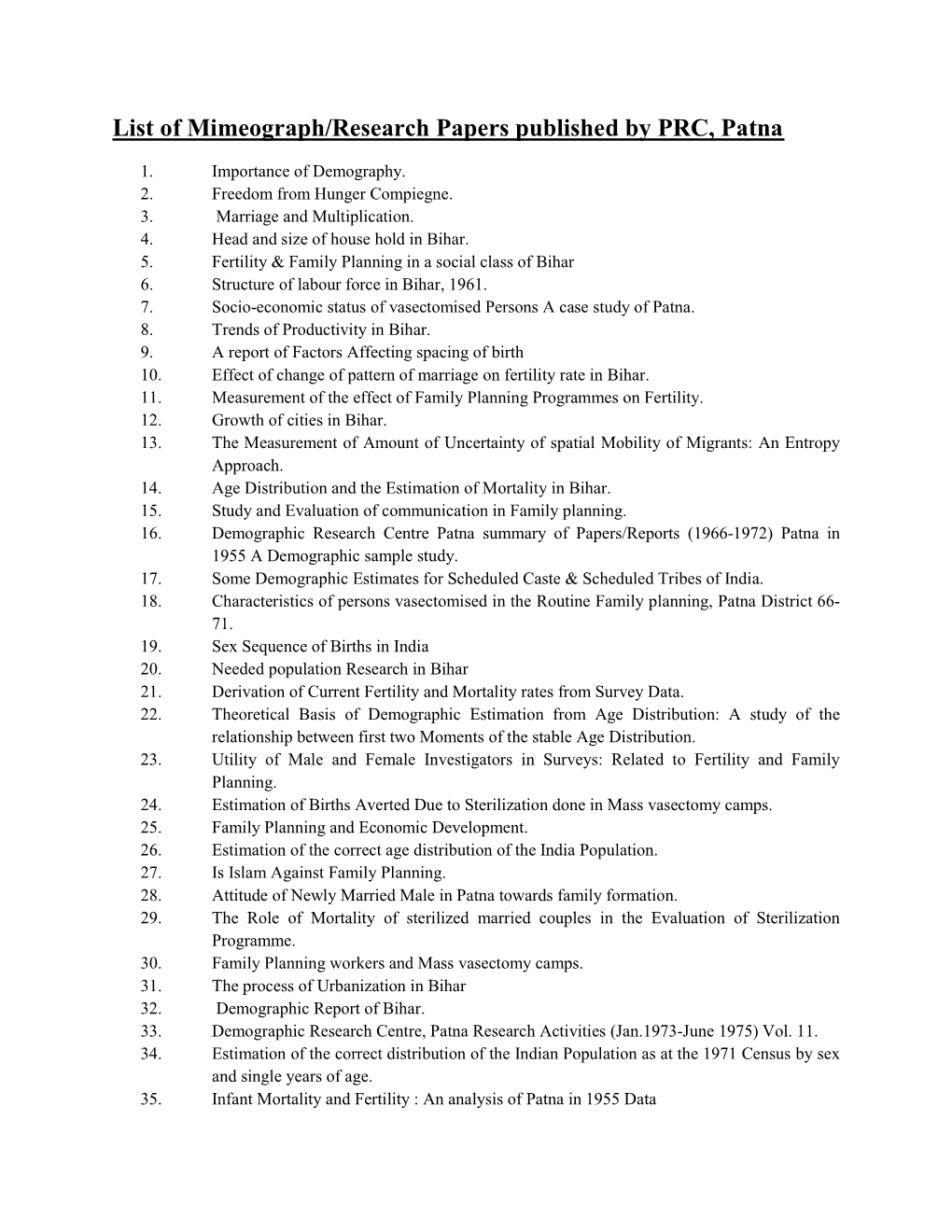 List of Mimeograph/Research Papers Published by PRC, Patna