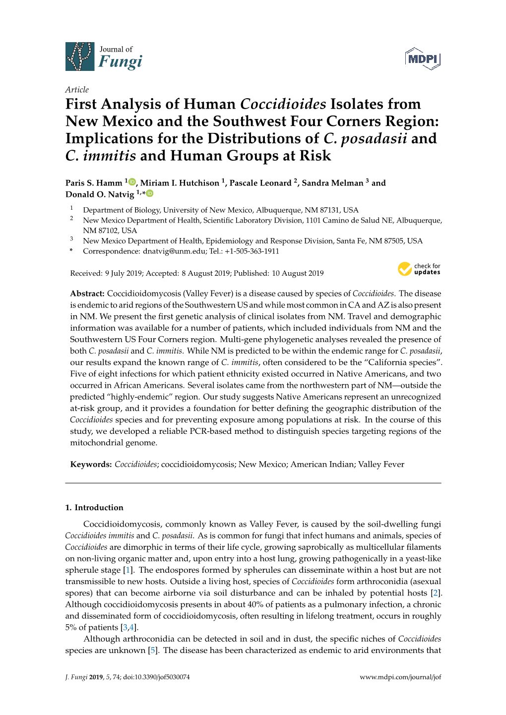 First Analysis of Human Coccidioides Isolates from New Mexico and the Southwest Four Corners Region: Implications for the Distributions of C