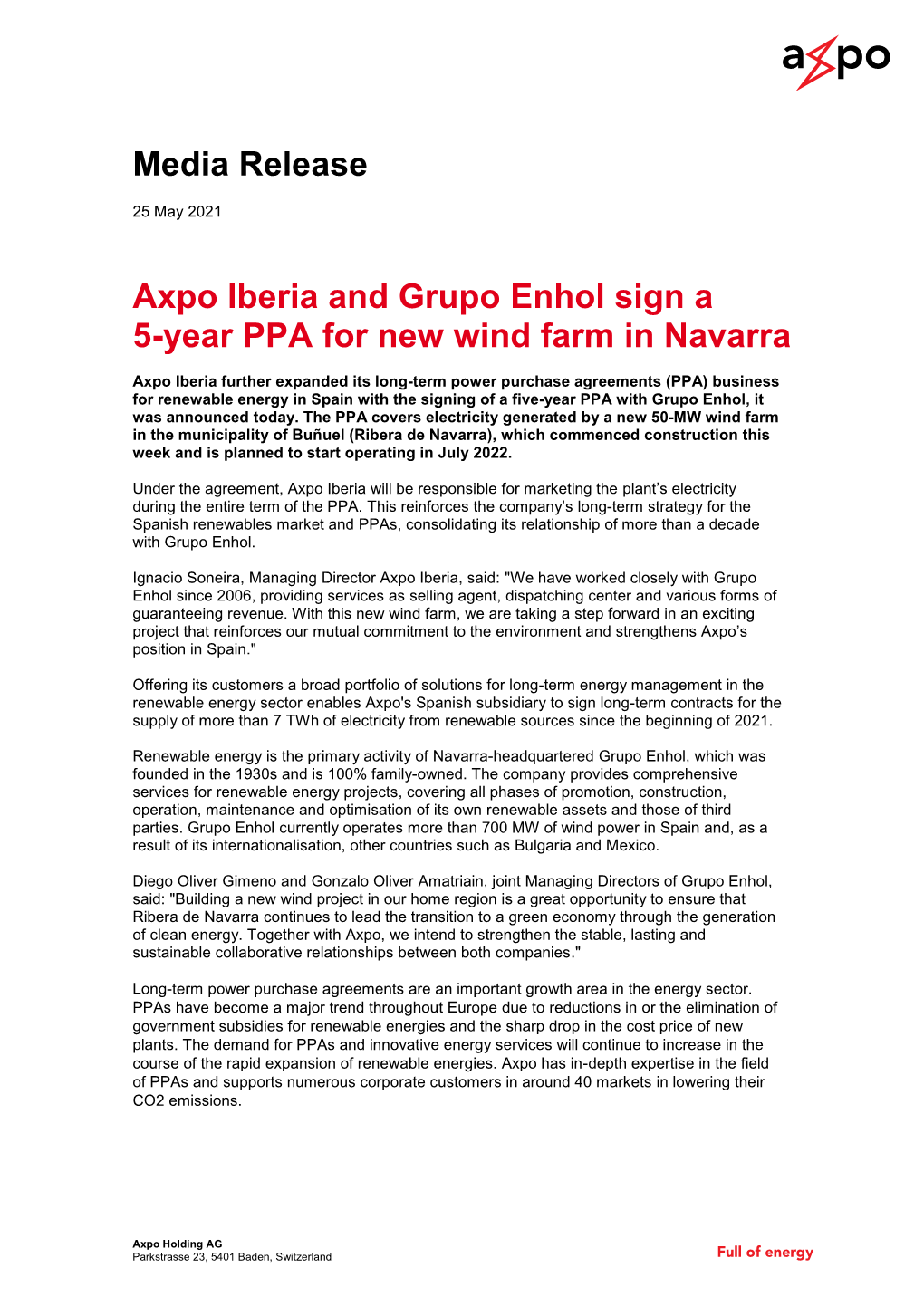 Media Release Axpo Iberia and Grupo Enhol Sign a 5-Year PPA for New
