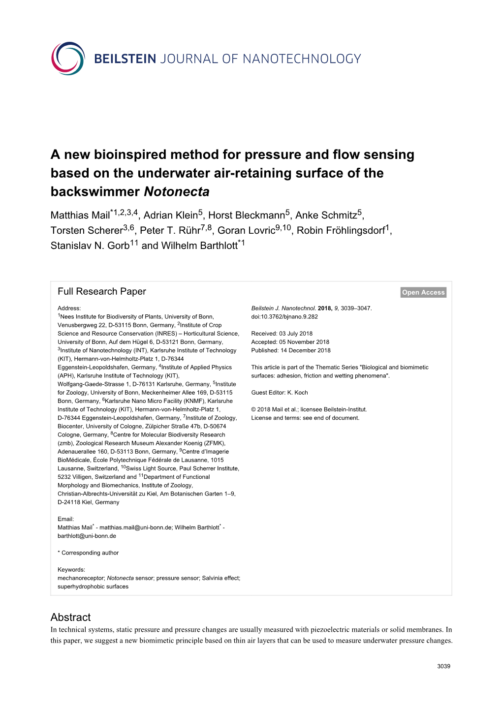 A New Bioinspired Method for Pressure and Flow Sensing Based on the Underwater Air-Retaining Surface of the Backswimmer Notonecta