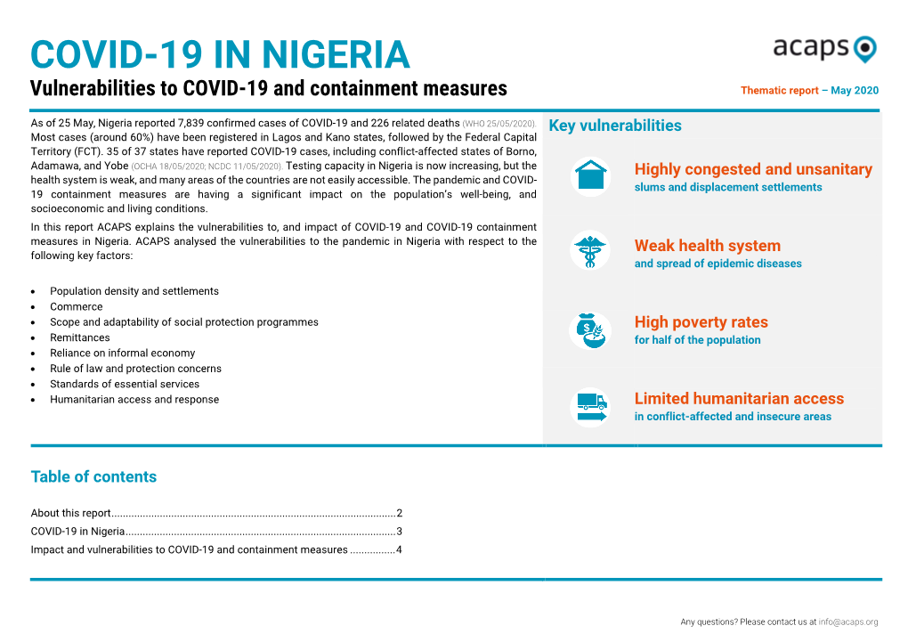 COVID-19 in NIGERIA Vulnerabilities to COVID-19 and Containment Measures Thematic Report – May 2020