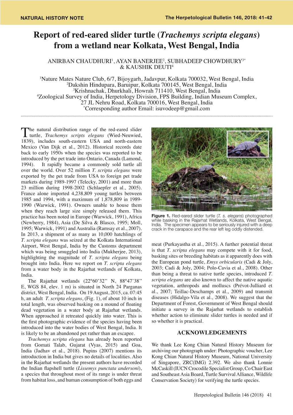 Report of Red-Eared Slider Turtle (Trachemys Scripta Elegans) from a Wetland Near Kolkata, West Bengal, India