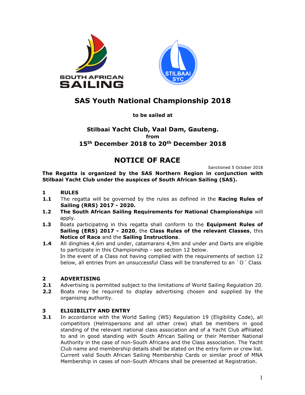 SAS Youth National Championship 2018 NOTICE of RACE