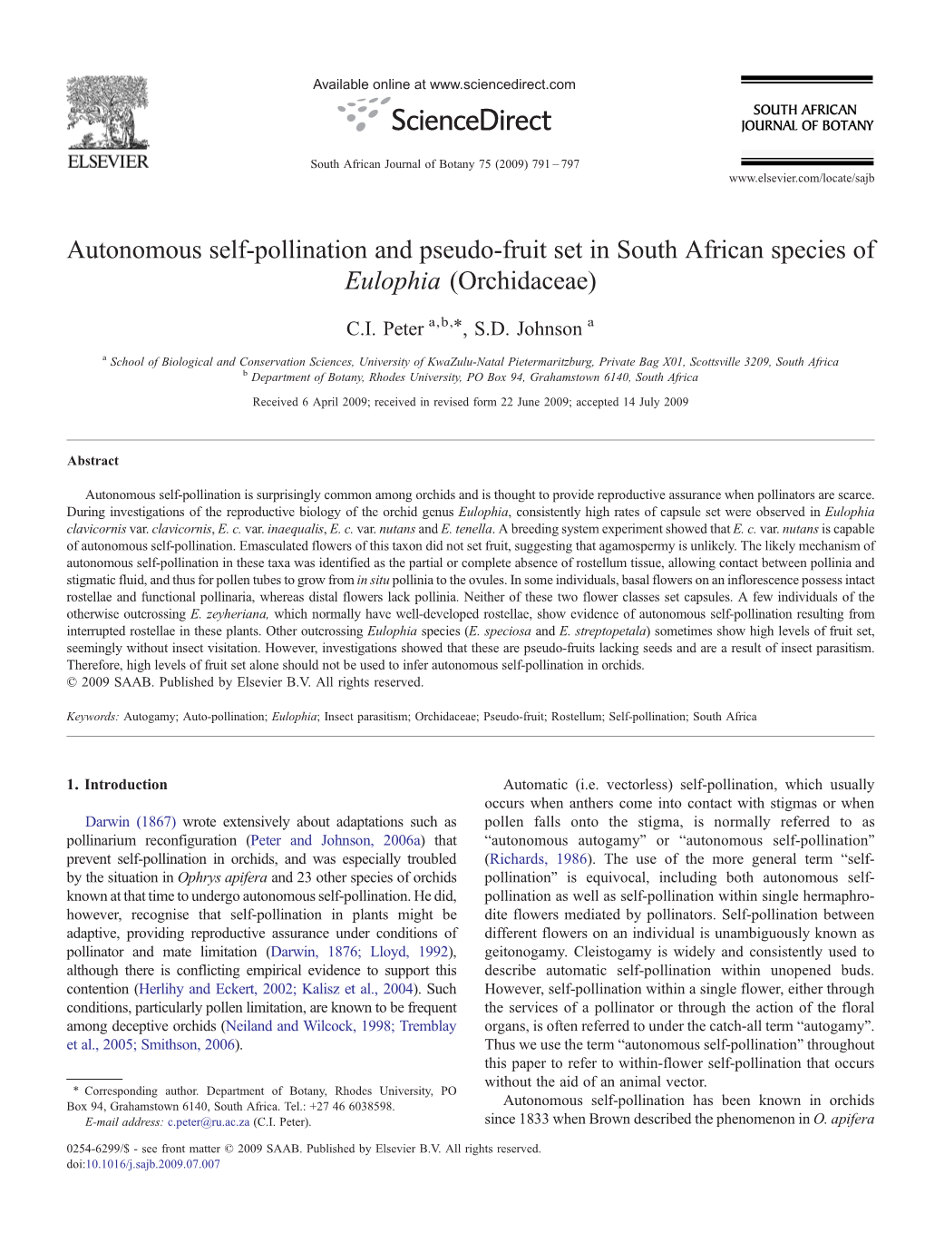 Autonomous Self-Pollination and Pseudo-Fruit Set in South African Species of Eulophia (Orchidaceae) ⁎ C.I