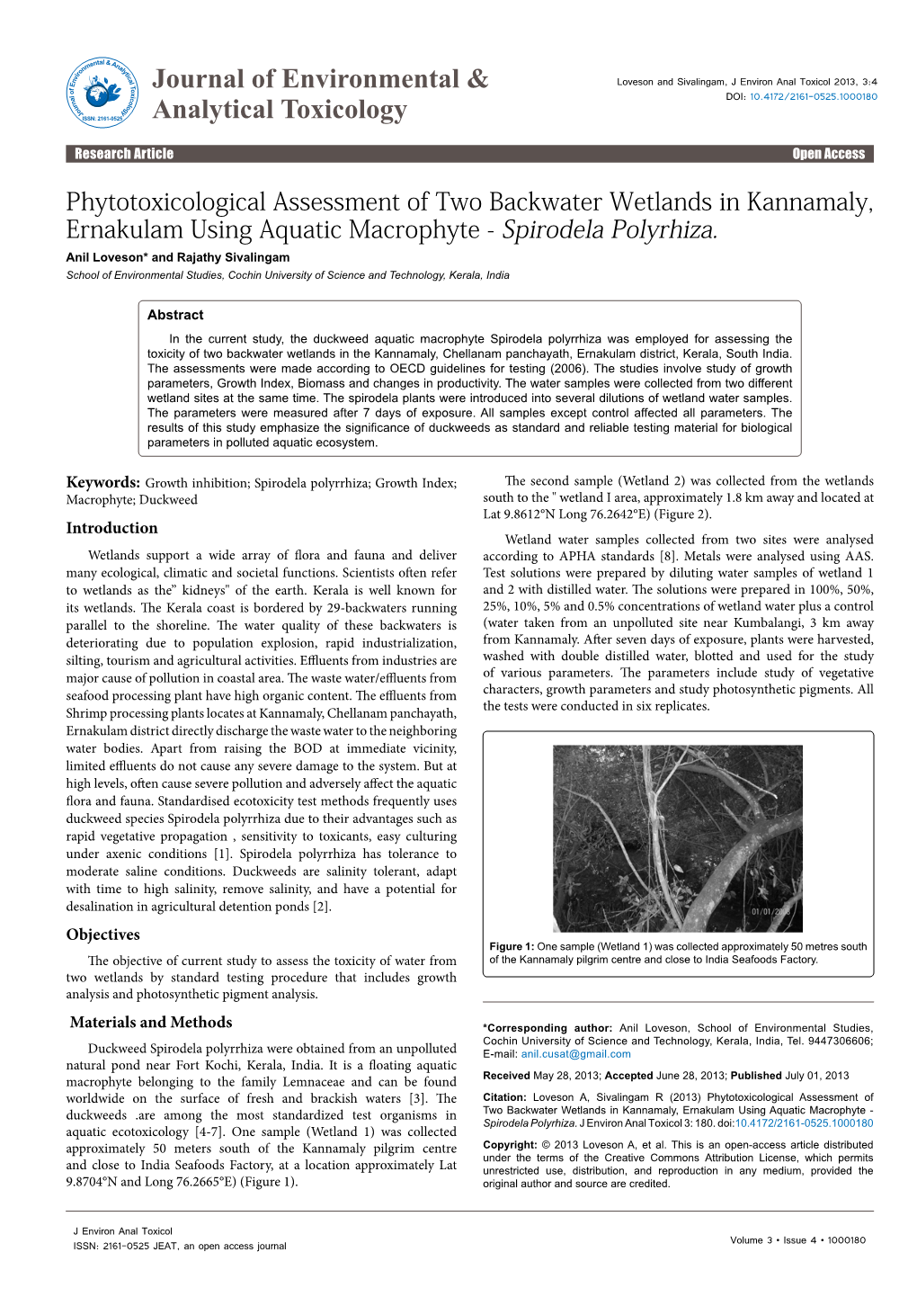 Phytotoxicological Assessment of Two Backwater Wetlands in Kannamaly, Ernakulam Using Aquatic Macrophyte - Spirodela Polyrhiza