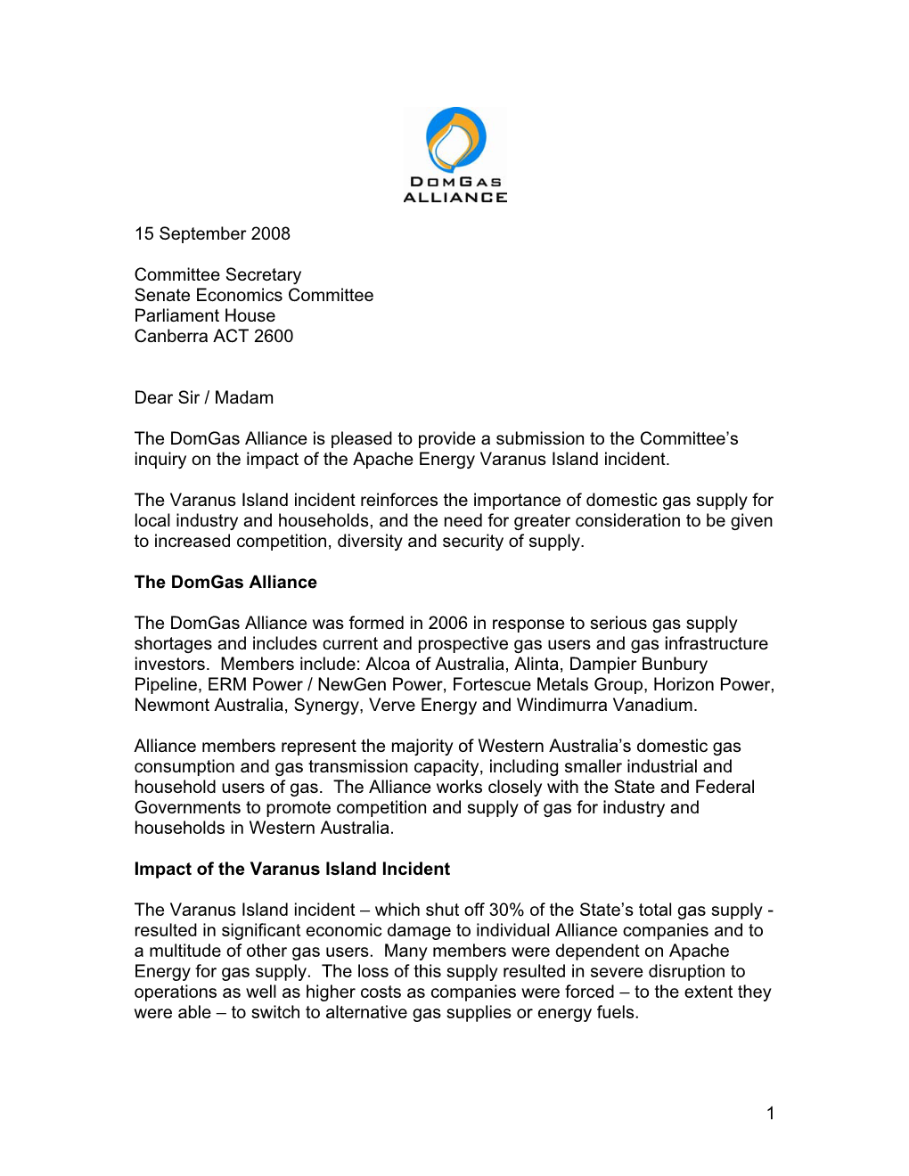 Submission: Inquiry Into Matters Relating to the Gas Explosion at Varanus Island, Western Australia