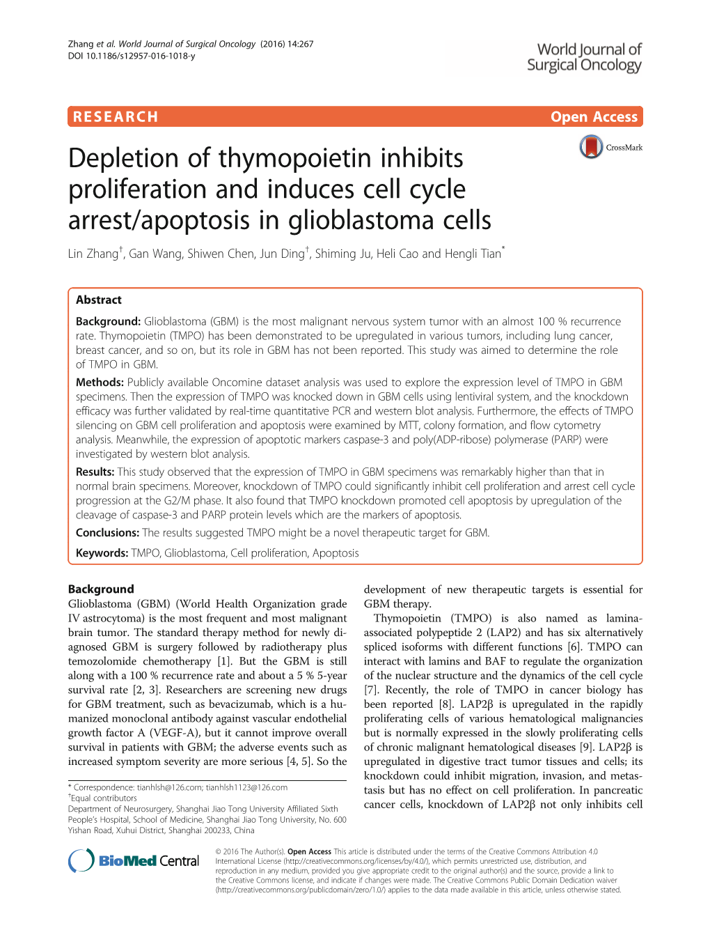 Depletion of Thymopoietin Inhibits Proliferation and Induces Cell Cycle