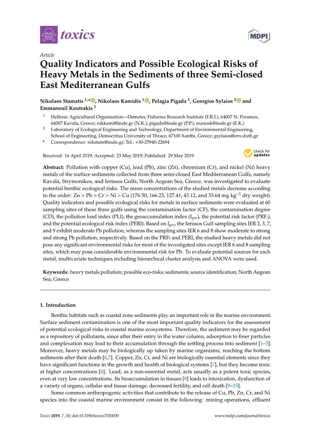 Quality Indicators and Possible Ecological Risks of Heavy Metals in the Sediments of Three Semi-Closed East Mediterranean Gulfs