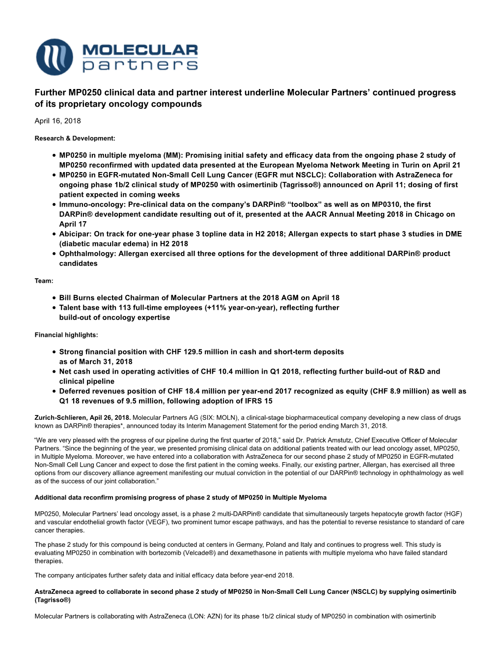 Further MP0250 Clinical Data and Partner Interest Underline Molecular Partners' Continued Progress of Its Proprietary Oncology