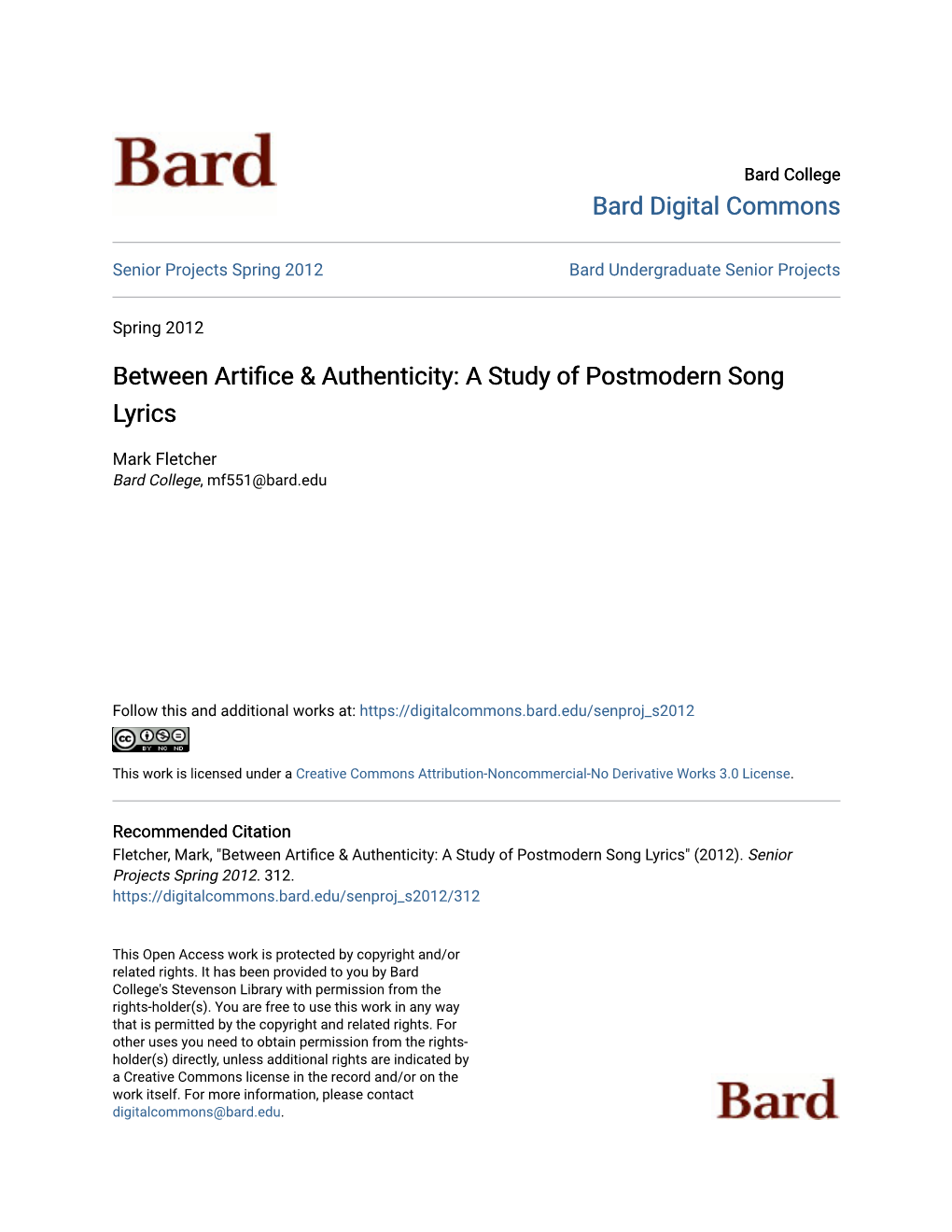 Between Artifice & Authenticity: a Study of Postmodern Song Lyrics