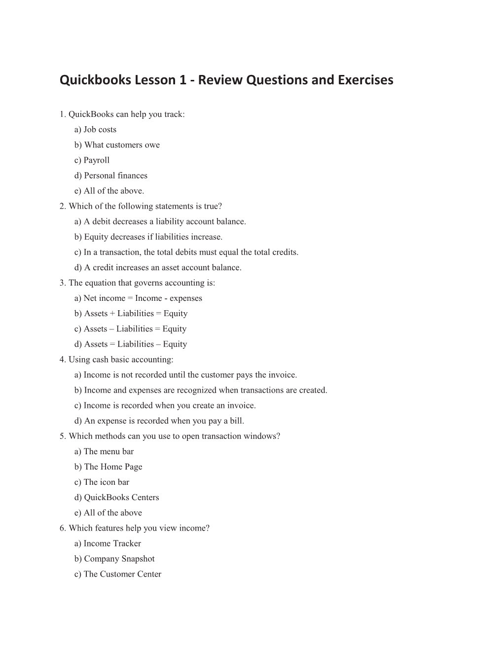 Quickbooks Lesson 1 - Review Questions and Exercises