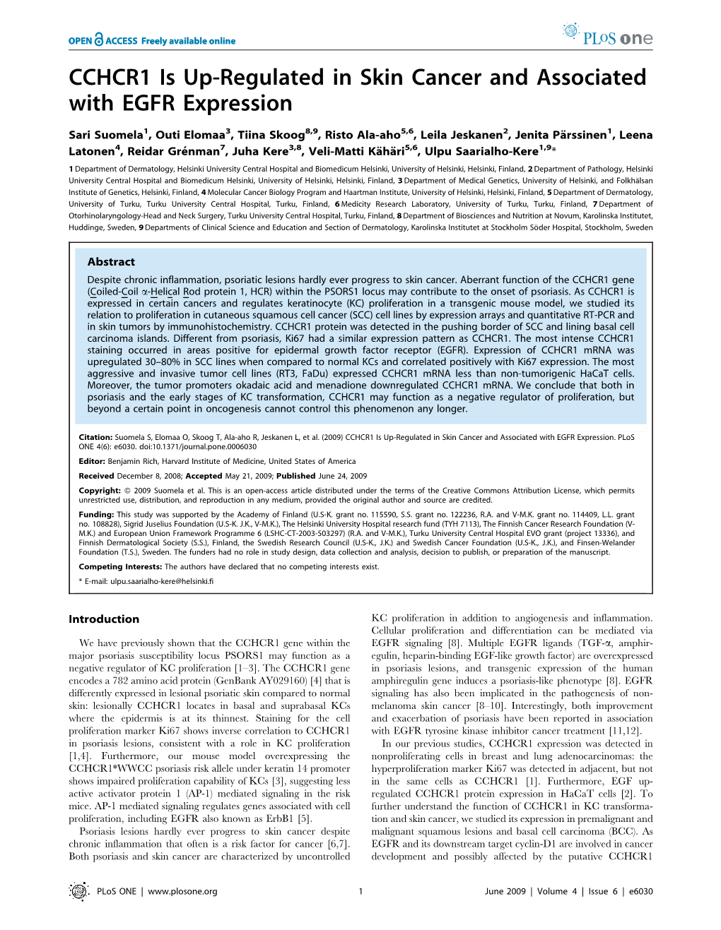 CCHCR1 Is Up-Regulated in Skin Cancer and Associated with EGFR Expression