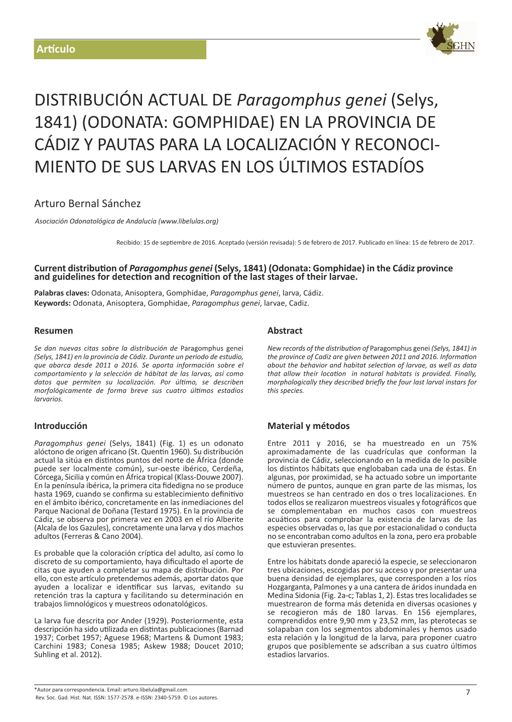 DISTRIBUCIÓN ACTUAL DE Paragomphus Genei (Selys, 1841