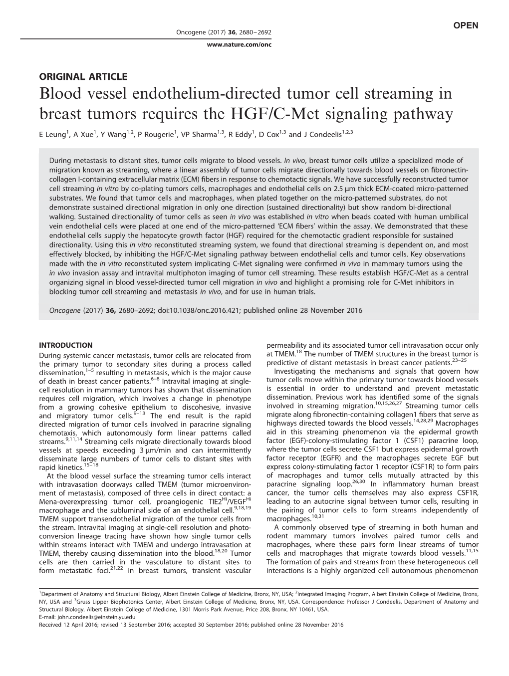 Blood Vessel Endothelium-Directed Tumor Cell Streaming in Breast Tumors Requires the HGF/C-Met Signaling Pathway
