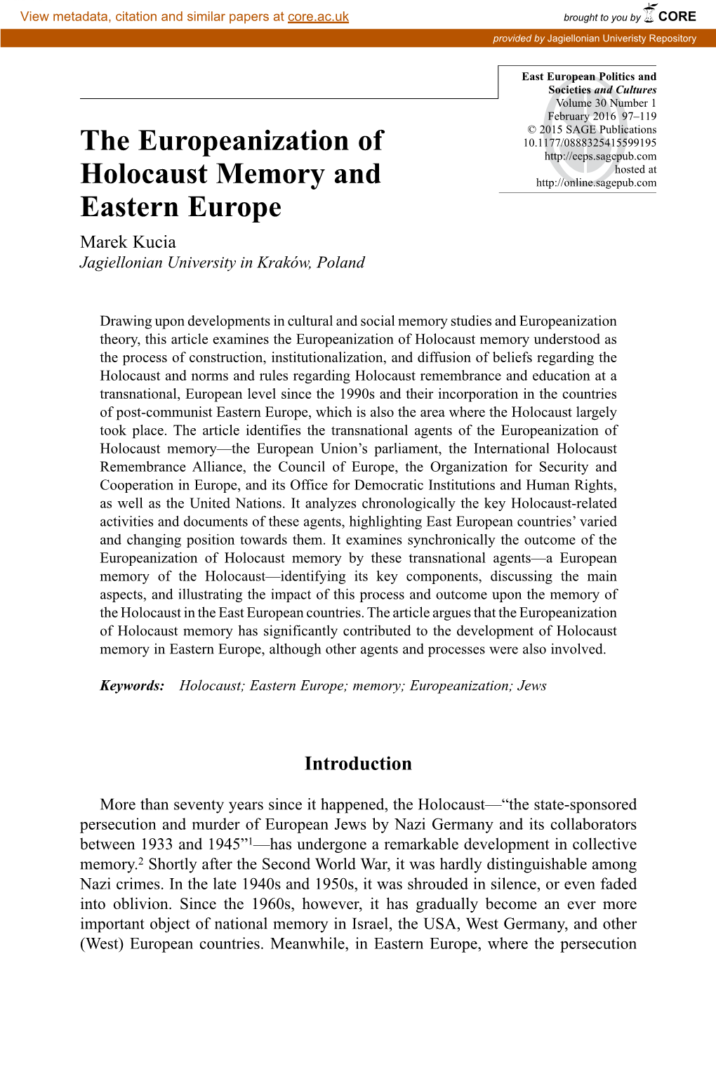The Europeanization of Holocaust Memory and Eastern Europe