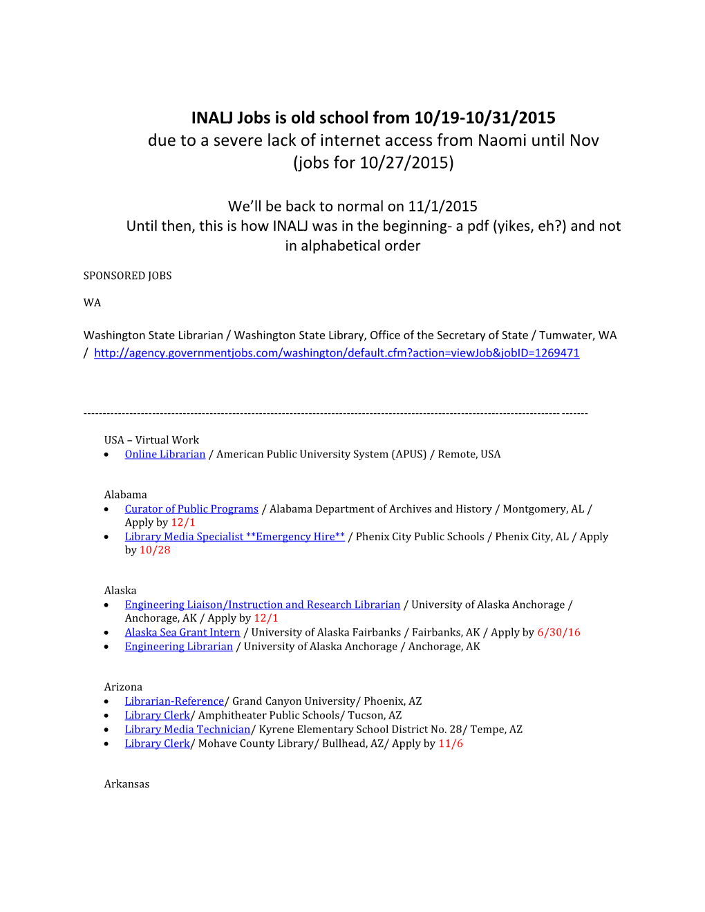 Jobs for 10/27/2015)