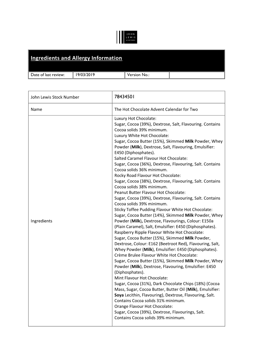 Ingredients and Allergy Information